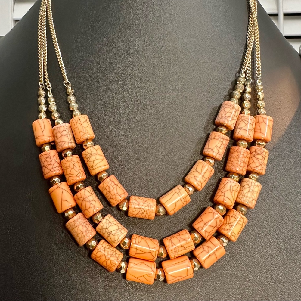 Statement, wood tube, necklace, triple thick vain, brown swirls, one of a kind